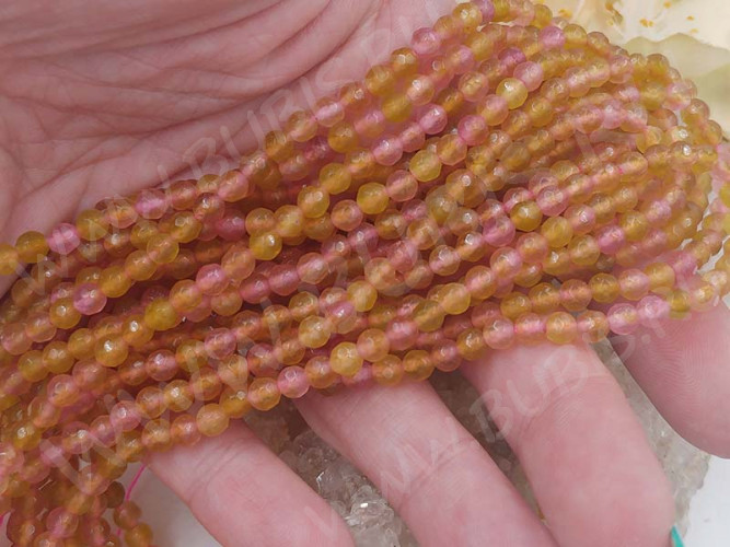 (ОПТ) Бусина округлая ГРАНЁНАЯ 4мм Кварц тонированный т.жёлто-розовый (камни) (НИТЬ)