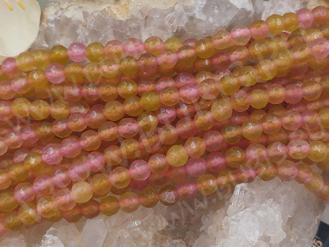 (ОПТ) Бусина округлая ГРАНЁНАЯ 4мм Кварц тонированный т.жёлто-розовый (камни) (НИТЬ)