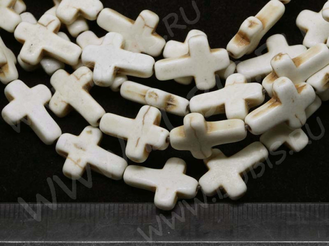 (ОПТ) Бусина каменная Крестик 04 Бирюза синт. 19,5*15*5,5мм молочный (камни) (НИТЬ)