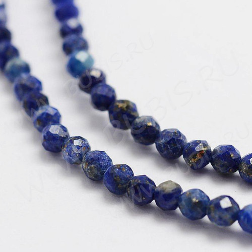 (ОПТ) Бусина округлая ГРАНЁНАЯ "каменный бисер" 2мм Лазурит с пиритом (Ляпис-лазурь) (камни LUX) (НИТЬ)