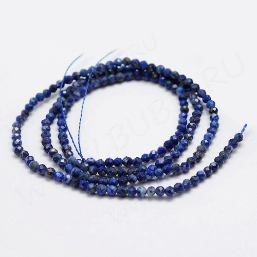 (ОПТ) Бусина округлая ГРАНЁНАЯ "каменный бисер" 2мм Лазурит с пиритом (Ляпис-лазурь) (камни LUX) (НИТЬ)
