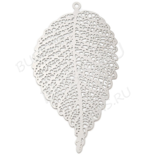 Подвеска Листик 49 мониста резной ажурный филигрань 63*34*0,3мм цвет платины (Хирургическая сталь)