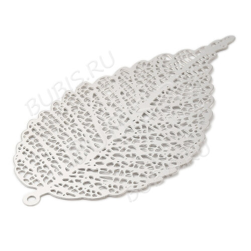 Подвеска Листик 49 мониста резной ажурный филигрань 63*34*0,3мм цвет платины (Хирургическая сталь)