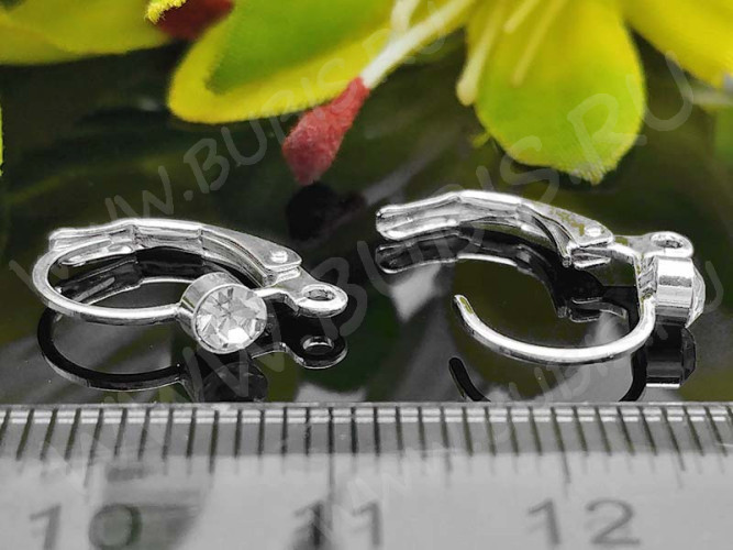 Швензы с французским замком №46 крабики с цирконом 15*12,5*1,8мм серебристые и прозрачные (LUX Китай) (Brass и фианит) (1 пара)