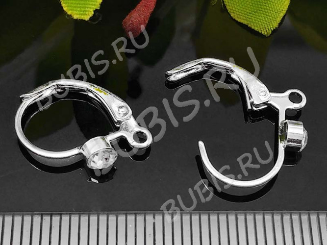 Швензы с французским замком №46 крабики с цирконом 15*12,5*1,8мм серебристые и прозрачные (LUX Китай) (Brass и фианит) (1 пара)