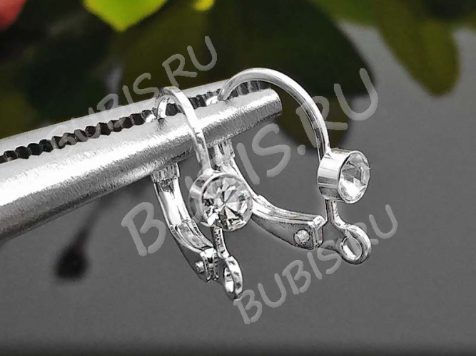 Швензы с французским замком №46 крабики с цирконом 15*12,5*1,8мм серебристые и прозрачные (LUX Китай) (Brass и фианит) (1 пара)