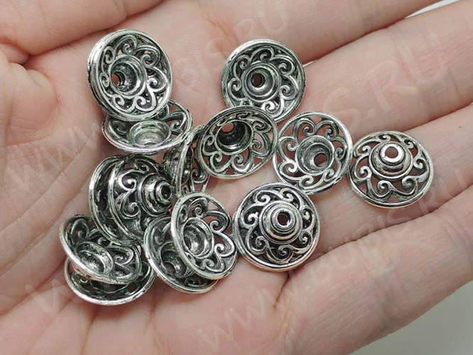 (СКИДКИ!!!) 146 Шапочка-колпачок ажурная 14,5*14,5*6мм античное серебро (литьё) (10шт.)