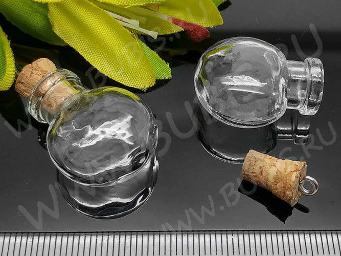 Бутылочка 69 фигурная с пробкой и штифтом Приплюснутая 25*20*13мм прозрачная (стекло)