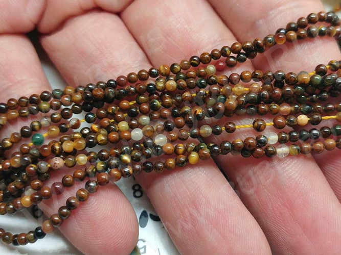 (ОПТ) Бусина округлая "каменный бисер" 2мм  Тигровый глаз (камни) (НИТЬ)