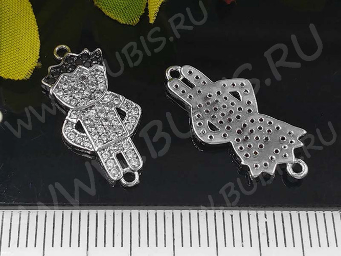 296 Коннектор Мальчик с инкрустацией 22*10,5*2мм цвет платины, чёрный и прозрачный (Milano LUX) (Brass и фианит)