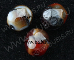 Округлая гранёная бусина 12мм красно-серо-коричневая непрозрачная (стекло)