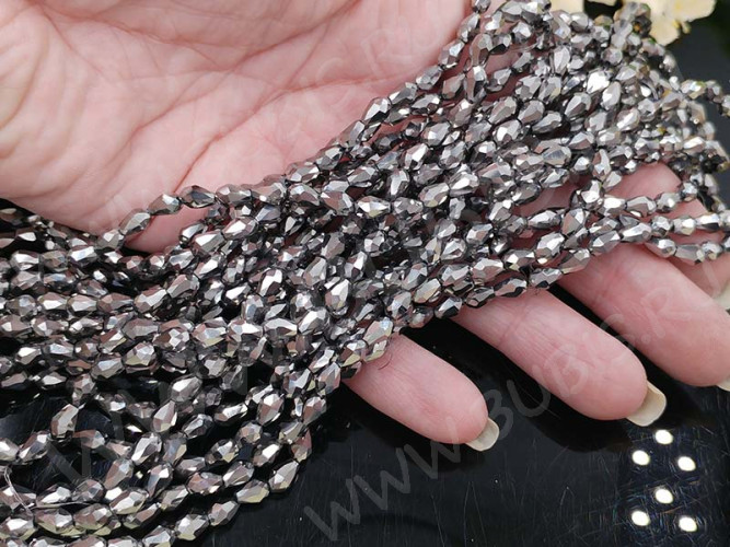 (ОПТ) Бусина Капля гранёная 6*4*4мм т.серебристая непрозрачная (имитация Сваровски) (НИТЬ)