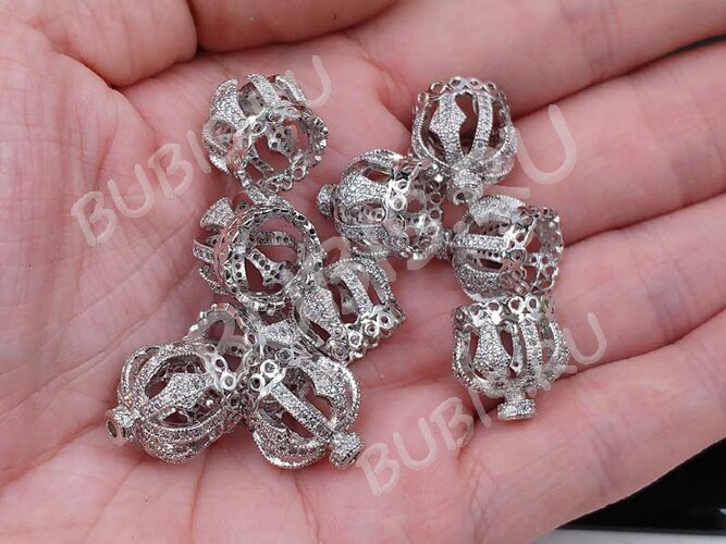 Концевик 084 Корона коннектор с инкрустацией 13,5*13,5*13,5мм цвет платины и прозрачный (Milano LUX) (Brass и фианиты)