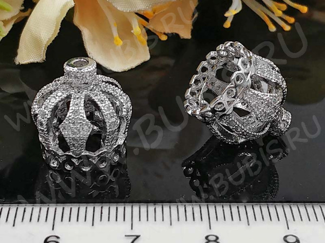 Концевик 084 Корона коннектор с инкрустацией 13,5*13,5*13,5мм цвет платины и прозрачный (Milano LUX) (Brass и фианиты)