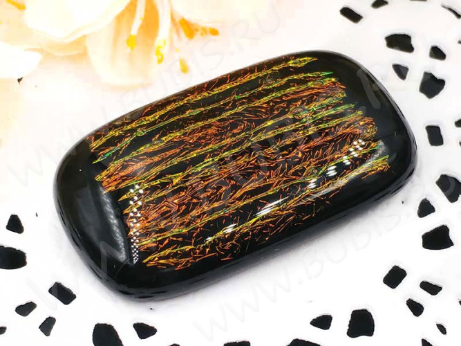 Кабошон Фьюзинг 004 Прямоугольный 44*25*7,8мм Дихроик на черном Яркий оранжевый Полосы UBF