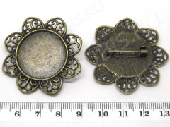 Основа (заготовка) для броши №38 булавка с ажурным сеттингом 25мм Цветочек 43*43*7мм античная бронза (литьё и Iron)