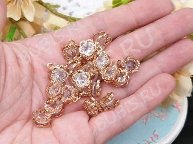 Подвеска Цветочек 42 3D с кубическим цирконием 13*9,5*5мм розовое золото (сплав и фианит)