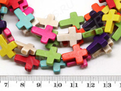 (ОПТ) Бусина каменная Крестик 04 Бирюза синт. 19,5*15*5,5мм МИКС цветов (камни) (НИТЬ)