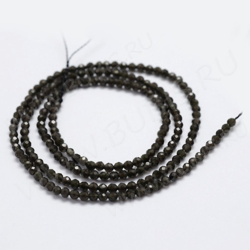 (ОПТ) Бусина округлая ГРАНЁНАЯ "каменный бисер" 2мм Обсидиан (камни LUX) (НИТЬ)