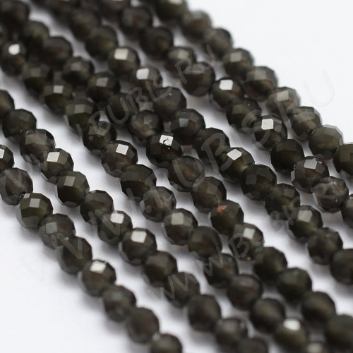 (ОПТ) Бусина округлая ГРАНЁНАЯ "каменный бисер" 2мм Обсидиан (камни LUX) (НИТЬ)