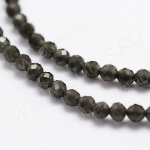 (ОПТ) Бусина округлая ГРАНЁНАЯ "каменный бисер" 2мм Обсидиан (камни LUX) (НИТЬ)