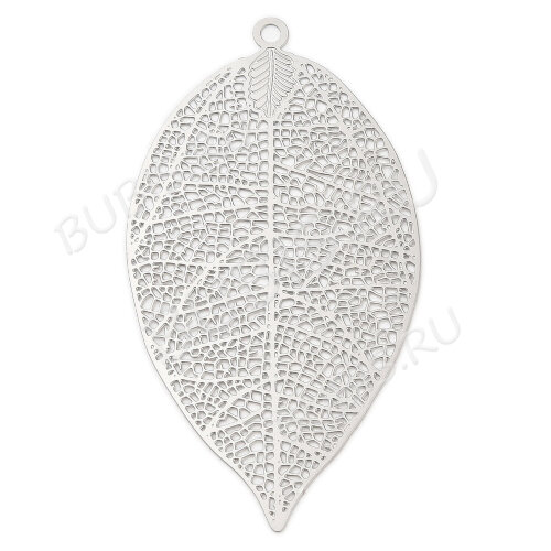 Подвеска Листик 50 мониста резной ажурный филигрань 55*29*0,3мм цвет платины (Хирургическая сталь)