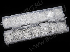 (ОПТ) Комплект ФУРНИТУРЫ 05 в контейнере серебристой (Iron и Brass) (примерно 1470шт.)