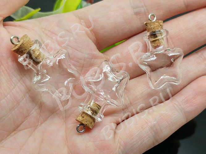 Бутылочка 70 фигурная с пробкой и штифтом Звёздочка 25*20*12мм прозрачная (стекло)