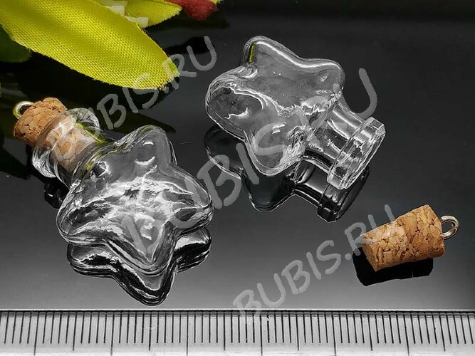 Бутылочка 70 фигурная с пробкой и штифтом Звёздочка 25*20*12мм прозрачная (стекло)