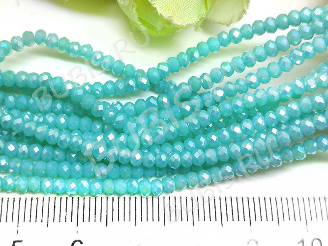 Бусина кристалл гранёный абакус 3*3*2мм св.голубо-бирюзовый с АВ непрозрачный (имитация Сваровски) (50шт.)