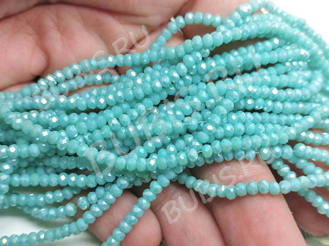 Бусина кристалл гранёный абакус 3*3*2мм св.голубо-бирюзовый с АВ непрозрачный (имитация Сваровски) (50шт.)