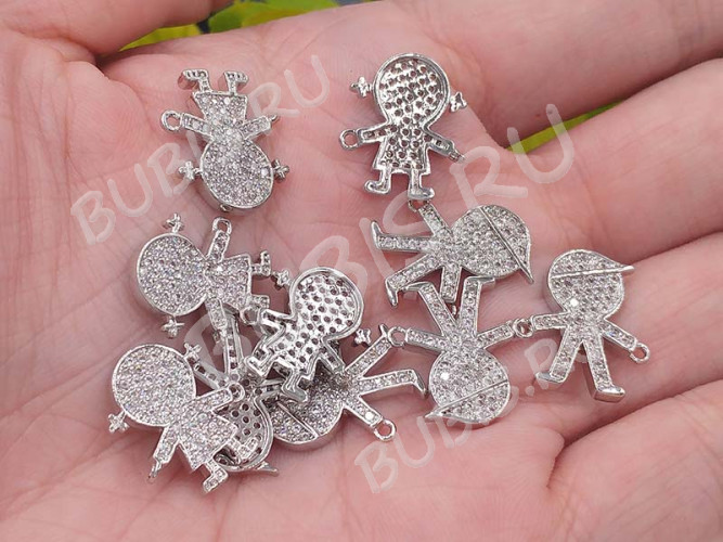 297 Коннектор Девочка с инкрустацией 16*14*2мм цвет платины и прозрачный (Milano LUX) (Brass и фианит)