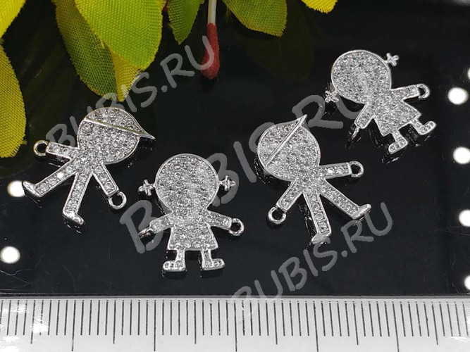 297 Коннектор Девочка с инкрустацией 16*14*2мм цвет платины и прозрачный (Milano LUX) (Brass и фианит)