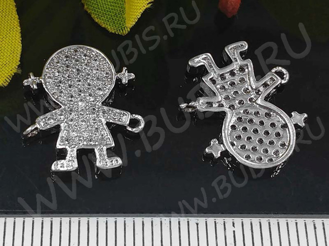 297 Коннектор Девочка с инкрустацией 16*14*2мм цвет платины и прозрачный (Milano LUX) (Brass и фианит)