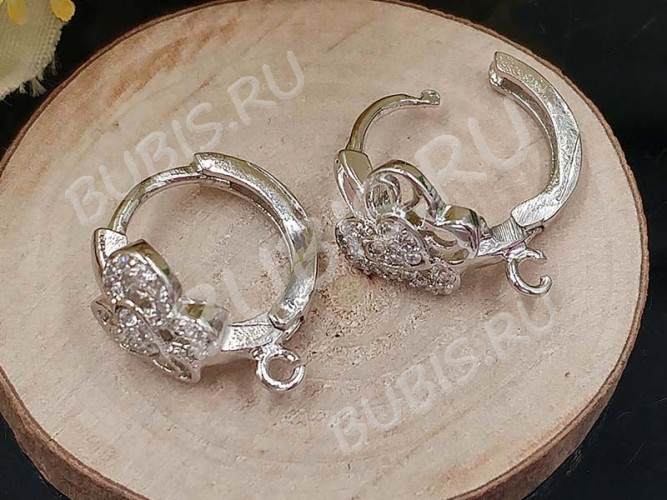 Швензы-кольца №08 с инкрустацией кубическим цирконием 15*13,5*9мм цвет платины и прозрачный (Milano LUX) (Brass и фианит) (1 пара)