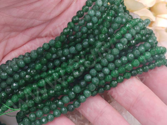 (ОПТ) Бусина округлая ГРАНЁНАЯ 4мм Кварц тонированный т.зелёный (камни) (НИТЬ)