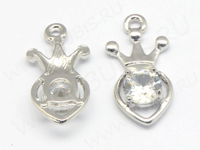 Подвеска Сердечко 72 с Короной и кубическим цирконием 19*9,6*3,8мм цвет платины (сплав и фианит)