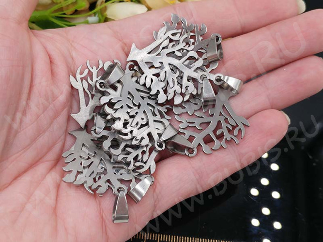 Подвеска Дерево жизни 16 Кулон с держателем 33*27*1,1мм цвет платины (Хирургическая сталь)