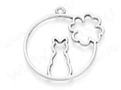Подвеска Рамка 33 Кот и Клевер 46*43*2,5мм античное серебро (литьё)
