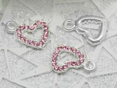 Подвеска Сердечко 59 со стразами 19*14*2,6мм серебристо-розовое (сплав и стекло)