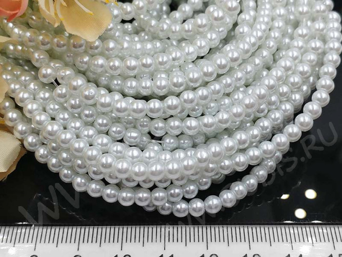 (СКИДКИ!!!) Бусина округлая "жемчуг" 4мм белая жемчужная (стекло) (50шт.)