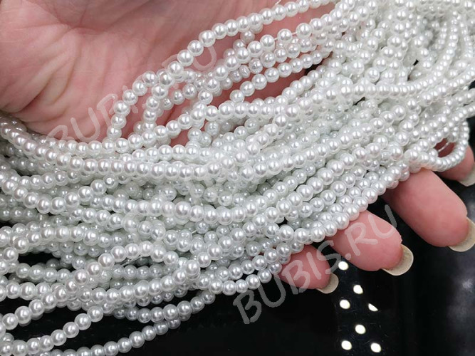 (СКИДКИ!!!) Бусина округлая "жемчуг" 4мм белая жемчужная (стекло) (50шт.)