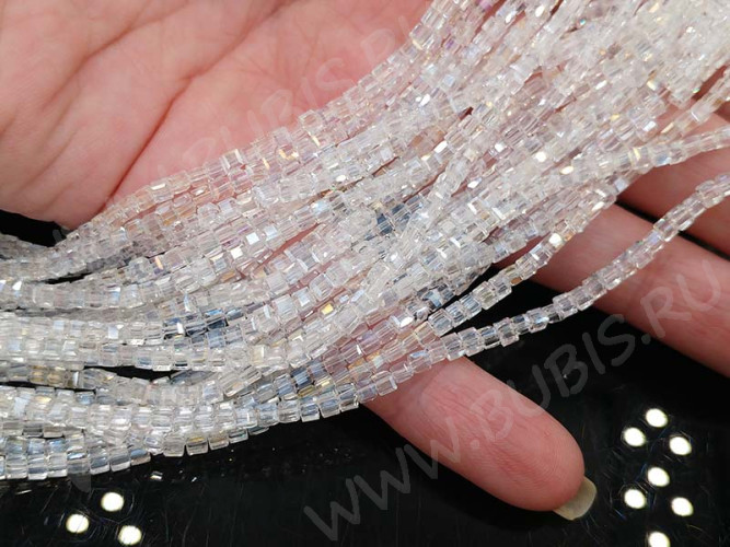 (ОПТ) Бусина кристалл гранёный Кубик 2,5*2,5*2мм чистый прозрачный с АВ (имитация Сваровски) (НИТЬ)