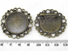 Основа (заготовка) для броши №40 булавка с ажурным сеттингом Круг 25мм 38*37,5*8мм античная бронза (литьё и Iron)