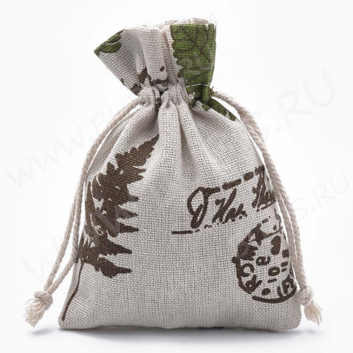 Мешочек холщовый 11 14*10см льняной с листиками и печатями (ткань) (упаковка для украшений)