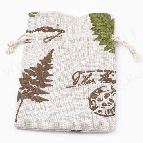 Мешочек холщовый 11 14*10см льняной с листиками и печатями (ткань) (упаковка для украшений)