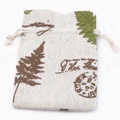 Мешочек холщовый 11 14*10см льняной с листиками и печатями (ткань) (упаковка для украшений)