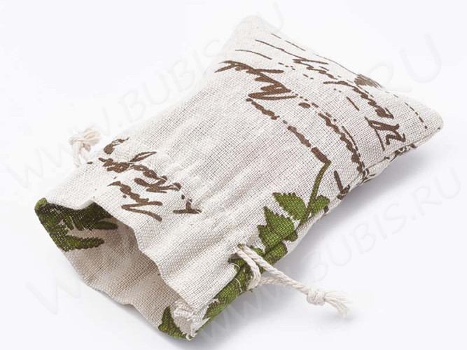 Мешочек холщовый 11 14*10см льняной с листиками и печатями (ткань) (упаковка для украшений)