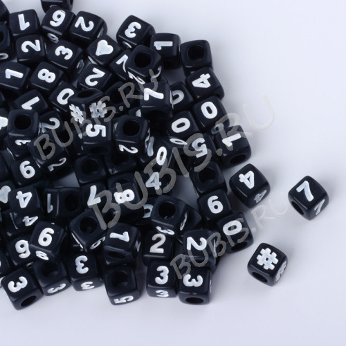 Бусина кубик 7*6,5мм с цифрой "5" чёрно-белый непрозрачный (акрил)  