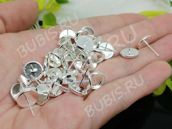 Пуссеты ("гвоздики") №102 (с круглым сеттингом 8мм) 12,5*10*0,7мм серебристые (Brass) (1 пара)